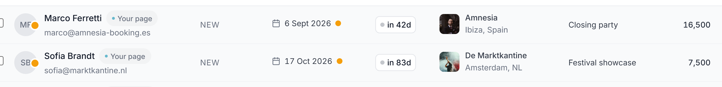 Two booking requests: Amnesia in Ibiza and De Marktkantine in Amsterdam, each with the venue photo, the date, the fee and how long they have waited